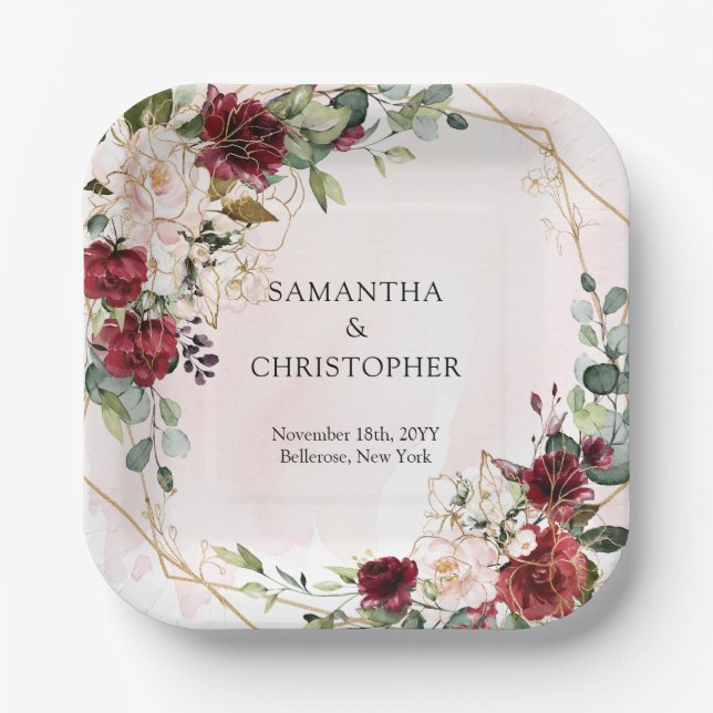 Watercolor burgundy and blush gold wedding paper plate (Front)