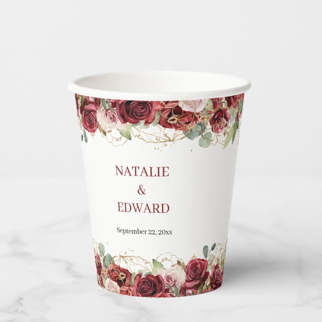 Watercolor burgundy and blush roses eucalyptus paper cups (Front)