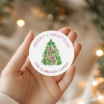 Watercolor Burgundy and Green Christmas Tree Classic Round Sticker<br><div class="desc">PreppyPrint.com - Celebrate Christmas in style! Add your personalized touch! Transfer this design onto the products of your choice too! Please visit my designer store,  PreppyPrint.com,  for coordinating items.</div>