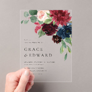Watercolor Burgundy and Navy Blue Flowers Wedding Acrylic Invitations