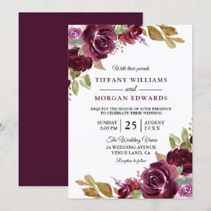Watercolor Burgundy Berry Flowers Wedding Invitation