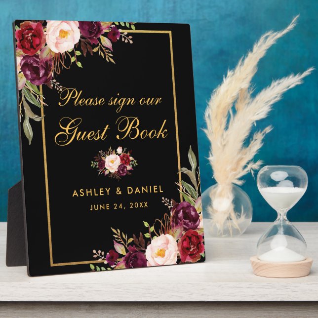 Watercolor Burgundy Black Gold Wedding Guestbook Plaque (Side)