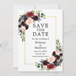 Watercolor Burgundy Blue Floral Gold Frame Save The Date