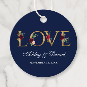 Watercolor Burgundy Blue Floral Gold Love Wedding Favour Tags