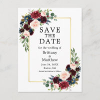 Watercolor Burgundy Blue Floral Gold Save the Date