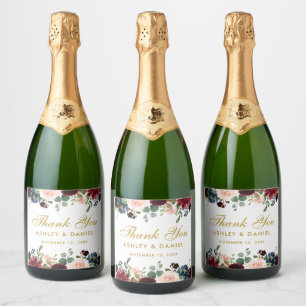 Watercolor Burgundy Blue Floral Gold Wedding Sparkling Wine Label