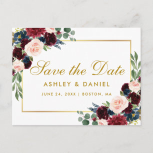 Watercolor Burgundy Blue Floral Save The Date Gold Announcement Postcard