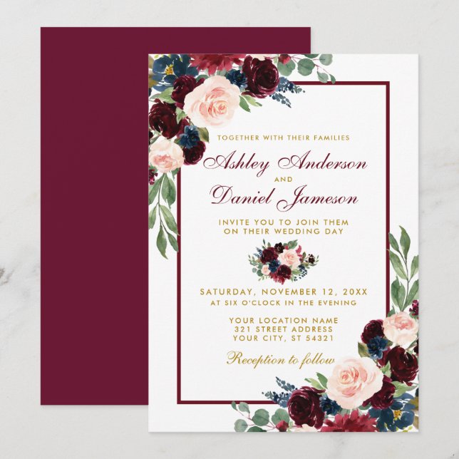 Watercolor Burgundy Blue Floral Wedding B Invitation (Front/Back)
