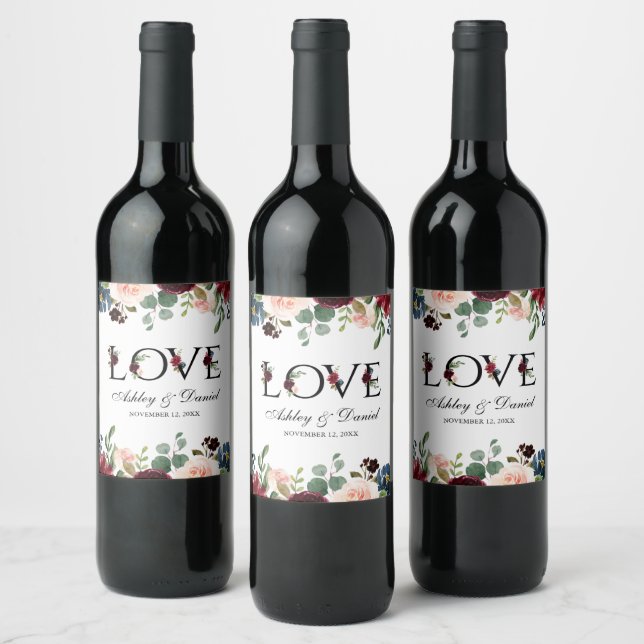 Watercolor Burgundy Blue Floral Wedding Love Wine Label (Bottles)