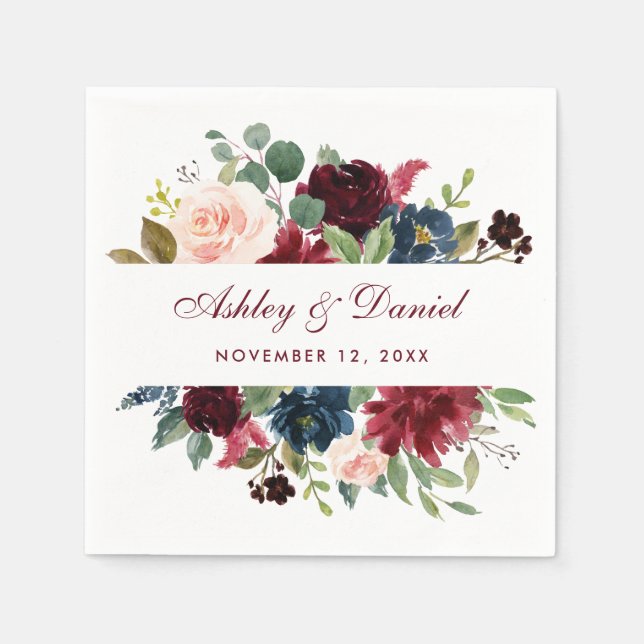 Watercolor Burgundy Blue Floral Wedding Napkin (Front)