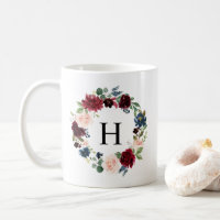 Watercolor Burgundy & Blue Floral Wreath Monogram