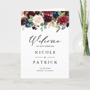 Watercolor Burgundy & Blue Flowers Wedding Booklet Program