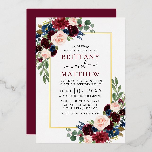 Watercolor Burgundy Blue Pink Floral Wedding Gold (Front/Back)