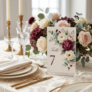 Watercolor Burgundy Blush Floral Fall Wedding Table Number