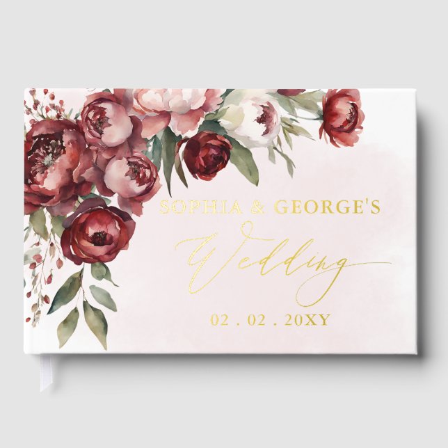 Watercolor Burgundy Blush Floral Wedding Guest Book (Front)