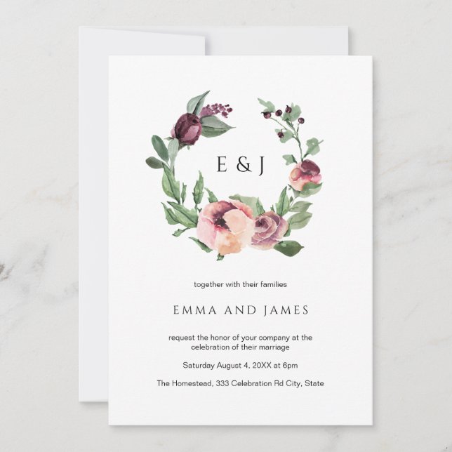 Watercolor Burgundy Blush Floral Wreath Wedding Invitation (Front)