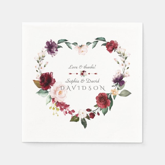 Watercolor Burgundy Blush Flowers Wreath Wedding Napkin (Front)