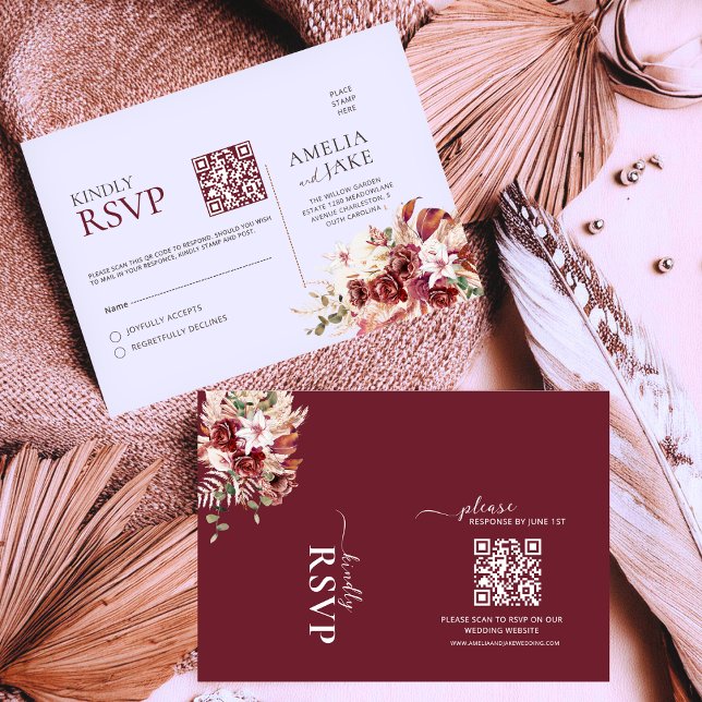 Watercolor Burgundy Blush Gold QR Wedding RSVP (Creator Uploaded)