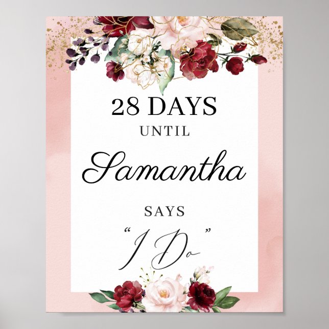 Watercolor burgundy blush pink countdown sign (Front)