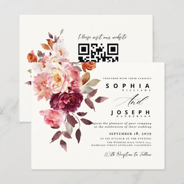 watercolor Burgundy Bouquet Floral Wedding (Front/Back)