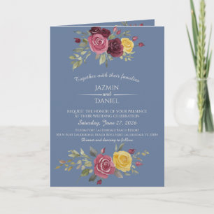  Watercolor Burgundy Country Roses Blue Invitation