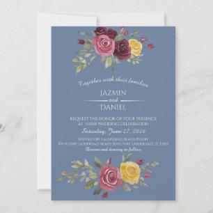  Watercolor Burgundy Country Roses Pink Blue Invitation
