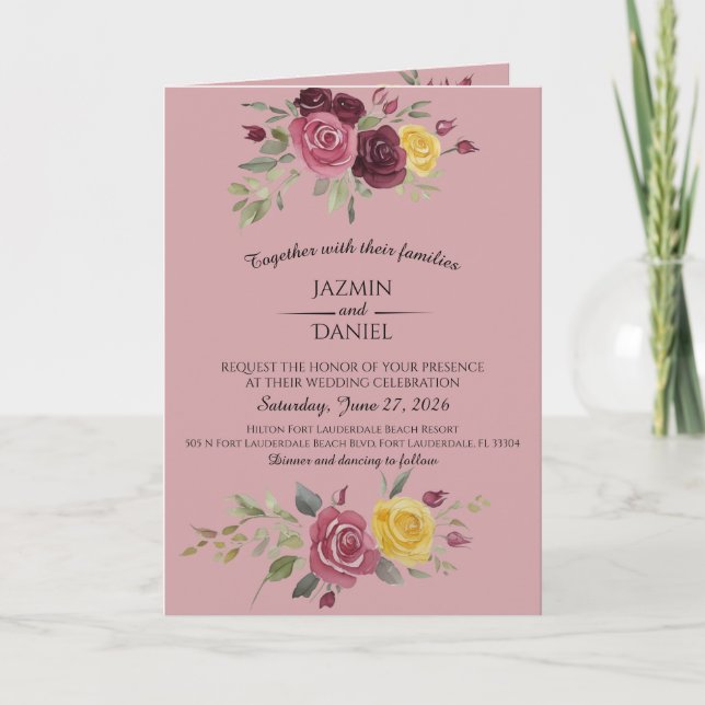  Watercolor Burgundy Country Roses Pink Invitation (Front)