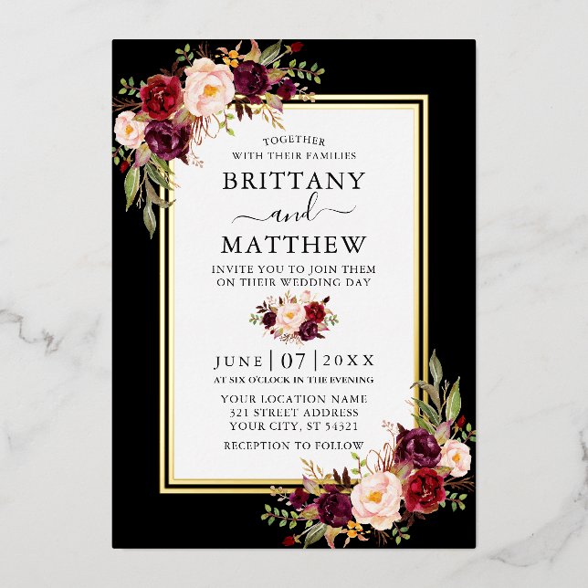 Watercolor Burgundy Floral Black 2 Frame Gold (Front)