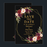 Watercolor Burgundy Floral Black Gold Geo Frame Save The Date<br><div class="desc">Elegant Watercolor Burgundy Floral Save The Date Wedding Announcement Card includes burgundy roses,  pink roses,  red roses and greenery on a gold geometric frame. Black & Gold</div>