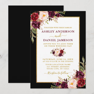 Watercolor Burgundy Floral Black Gold Wedding Invitation