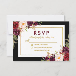 Watercolor Burgundy Floral Black Gold Wedding RSVP Card