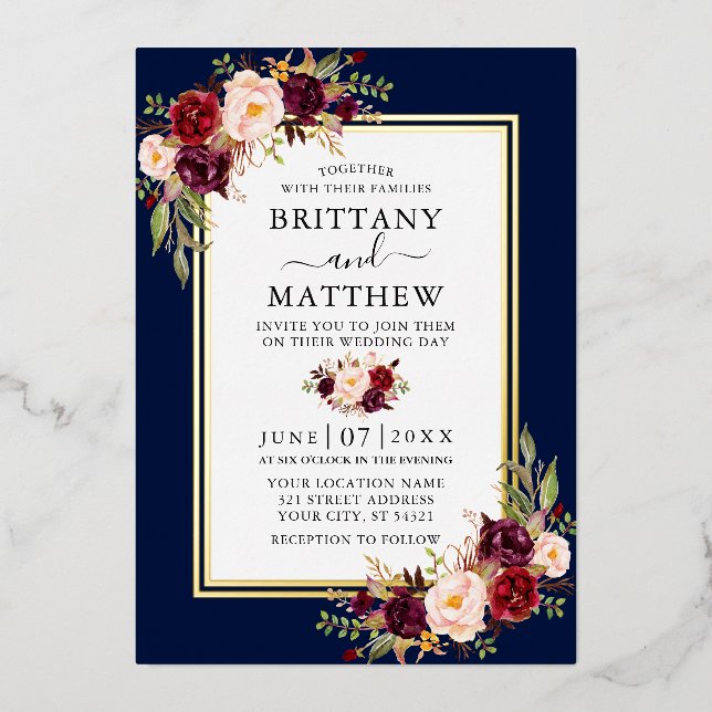 Watercolor Burgundy Floral Blue 2 Frame Gold (Front)