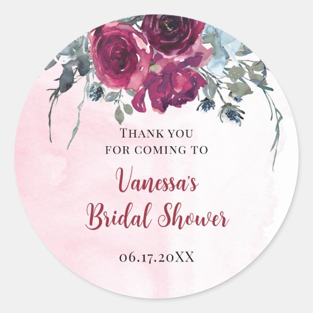 Watercolor Burgundy Floral Bouquets Classic Round Sticker (Front)