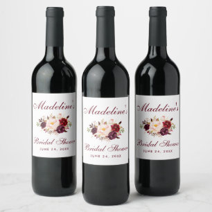 Watercolor Burgundy Floral Bridal Shower Wine Label