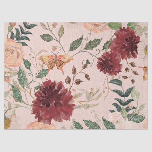 Watercolor Burgundy Floral butterfly Decoupage Tissue Paper (Front)