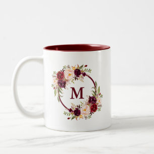 Watercolor Burgundy Floral Elegant Monogram Two-Tone Coffee Mug