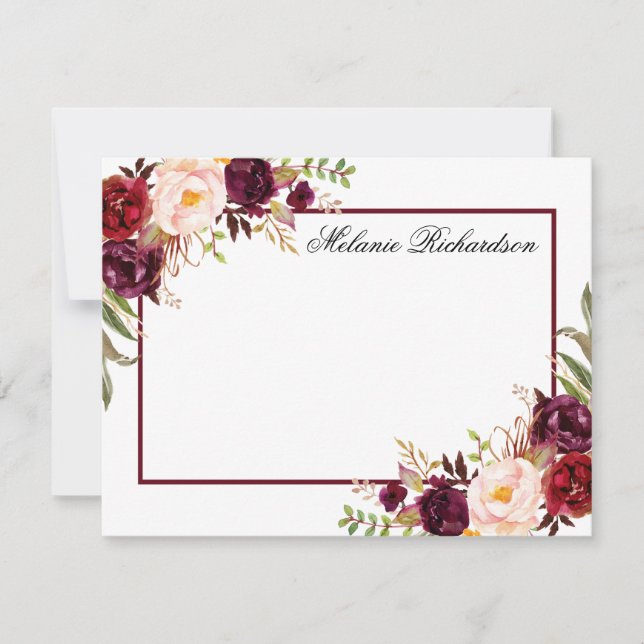 Watercolor Burgundy Floral Frame Personalized Card (Front)