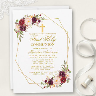 Watercolor Burgundy Floral Geo Frame Communion Invitation
