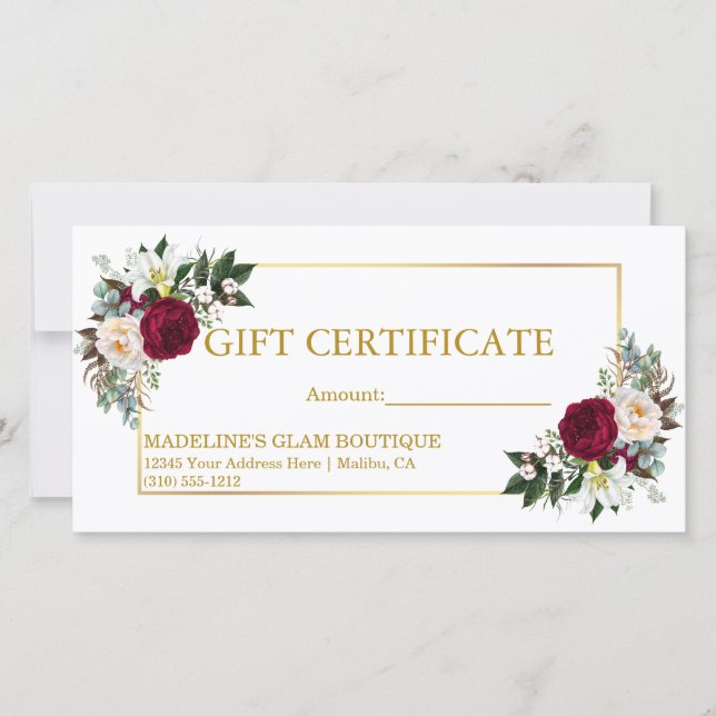 Watercolor Burgundy Floral Gift Certificate Gold (Front)