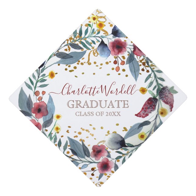 Watercolor Burgundy Floral Glitter Script Graduation Cap Topper (Front)