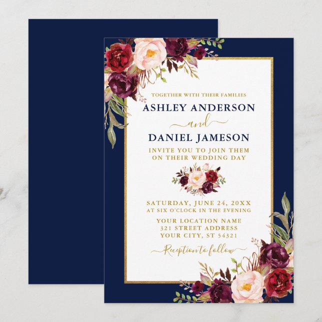 Watercolor Burgundy Floral Gold Blue Wedding Invitation (Front/Back)