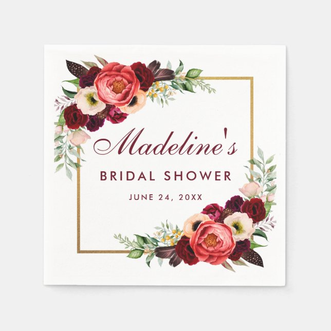 Watercolor Burgundy Floral Gold Boho Bridal Shower Napkin (Front)
