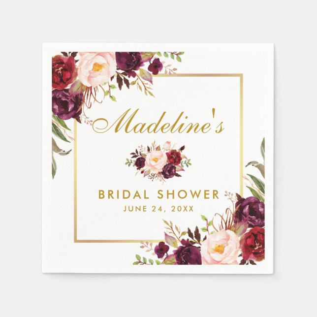 Watercolor Burgundy Floral Gold Bridal Shower Napkin (Front)