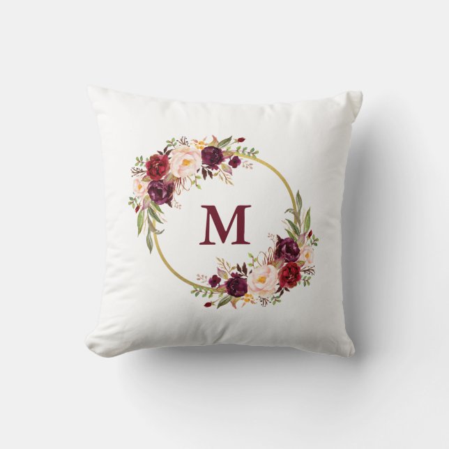 Watercolor Burgundy Floral Gold Monogram Throw Pillow (Front)