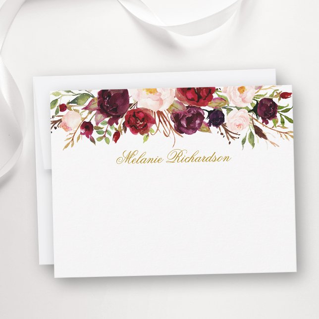 Watercolor Burgundy Floral Gold Personalized Card (Customize to change text color,  text style or to add more text to back of card.)