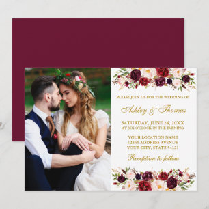 Watercolor Burgundy Floral Gold Photo Wedding Invitation