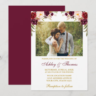 Watercolor Burgundy Floral Gold Photo Wedding Invitation