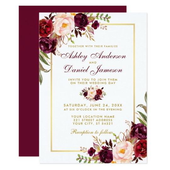 Watercolor Burgundy Floral Gold Wedding Invitation Zazzle Ca