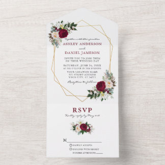 Watercolor Burgundy Floral Greenery Geo Wedding All In One Invitation