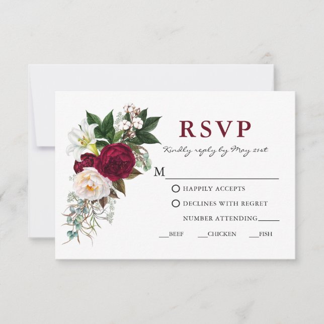 Watercolor Burgundy Floral Greenery Meal RSVP (Front)